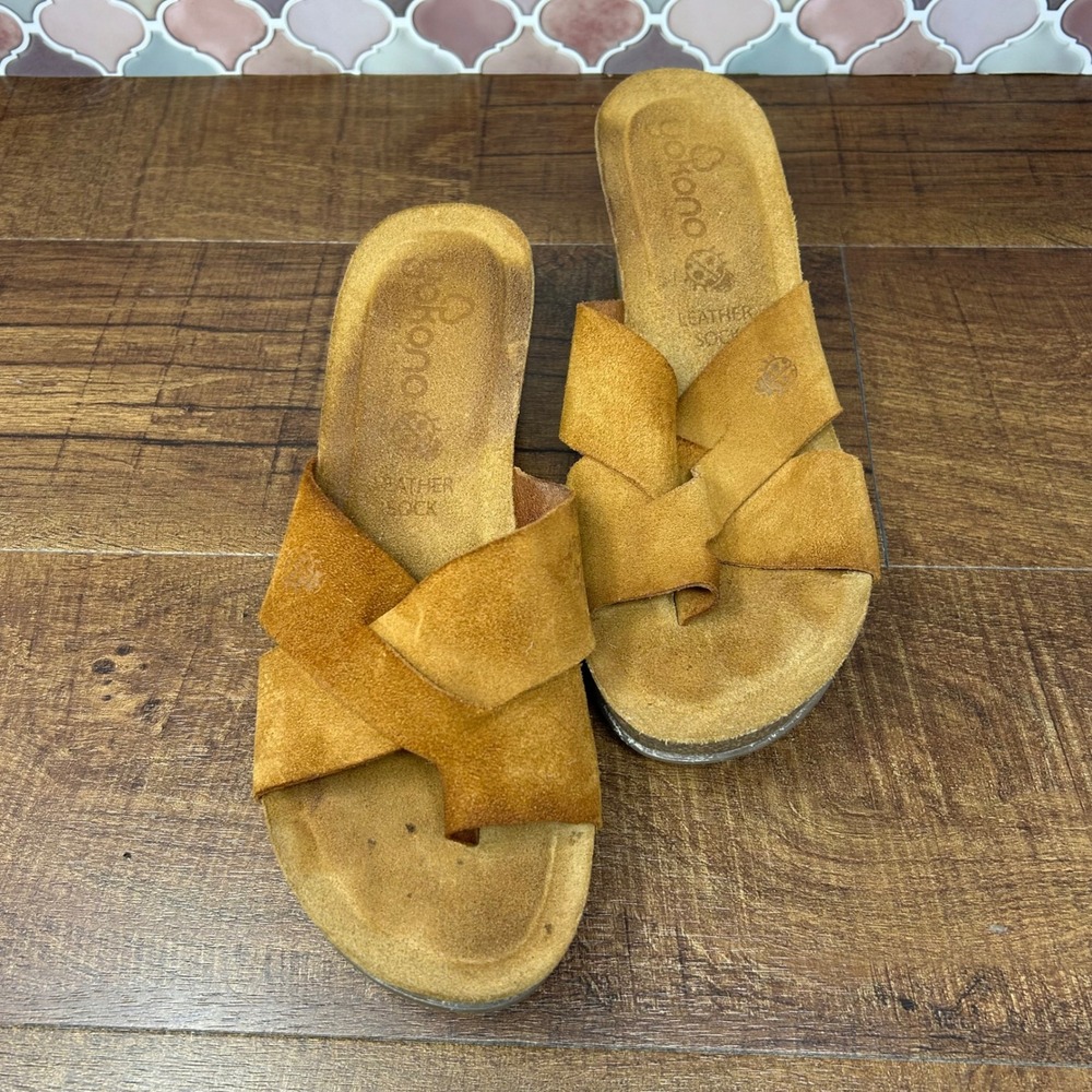 Womens Yokono Suede Criss-Cross Toe Loop Cork Slide Sandals Brown EU39 - Picture 5 of 14